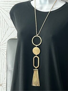 Matte Modern Geometric Tassel Pendant Necklace Gold Tone - Women Fashion Jewelry